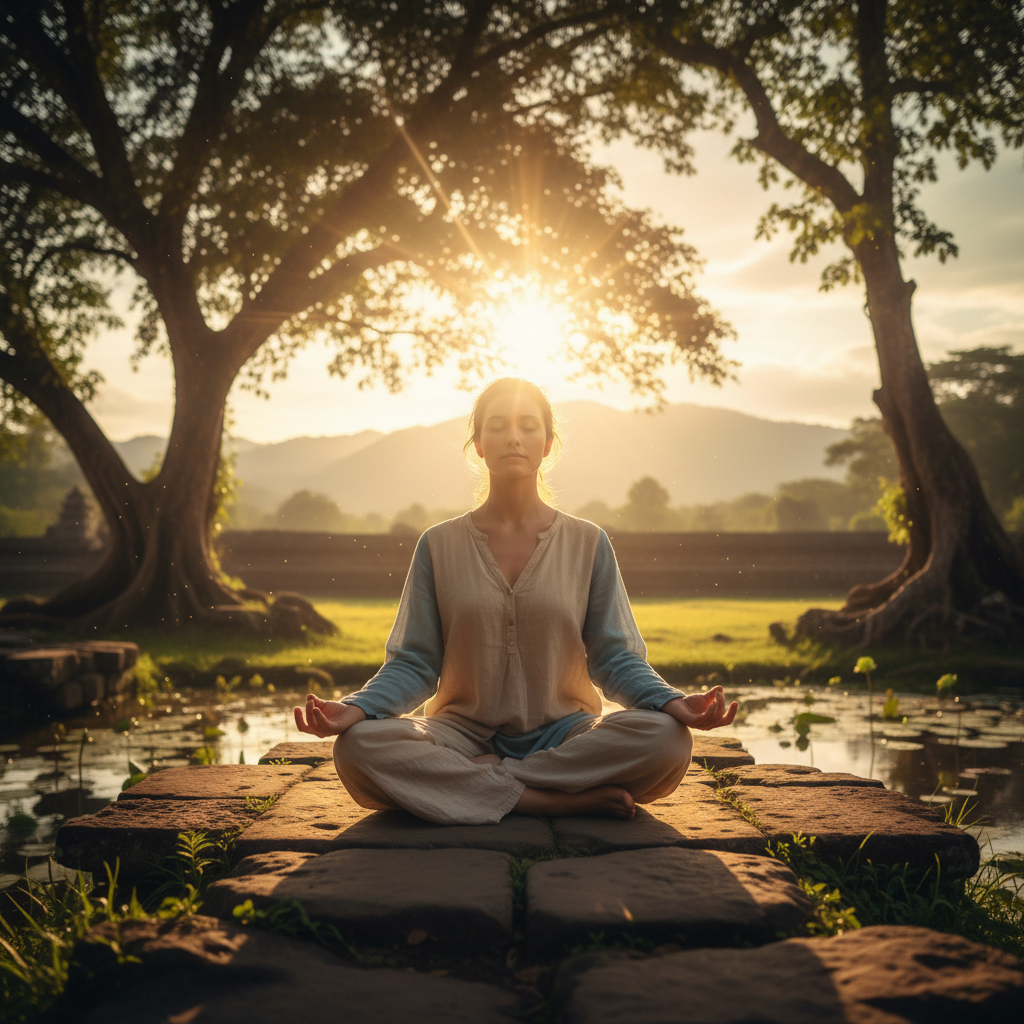 Person in peaceful meditation pose at golden hour on a hilltop, warm amber sky, serene and expansive mood